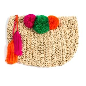 Shiraleah RIO Woven Clutch Natural Multi-color Pompoms